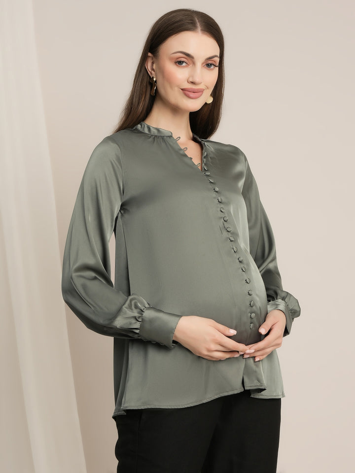 Maternity Satin Formal Shirt - Green