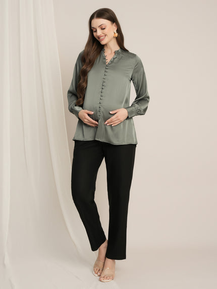 Maternity Satin Formal Shirt - Green