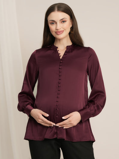 Maternity Satin Formal Shirt - Maroon