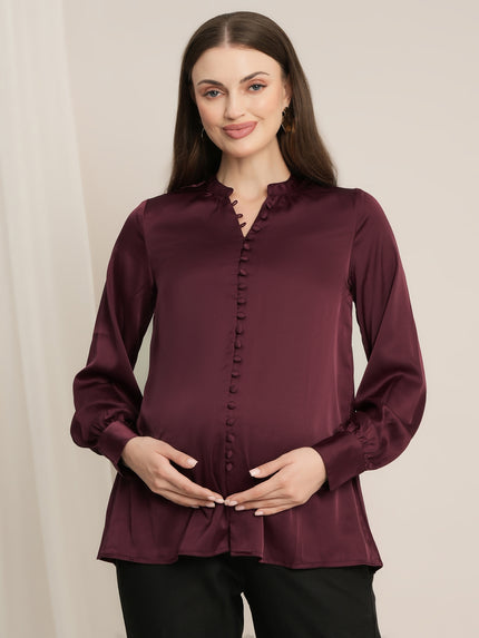 Maternity Satin Formal Shirt - Maroon