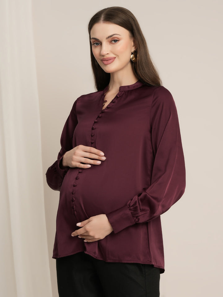 Maternity Satin Formal Shirt - Maroon