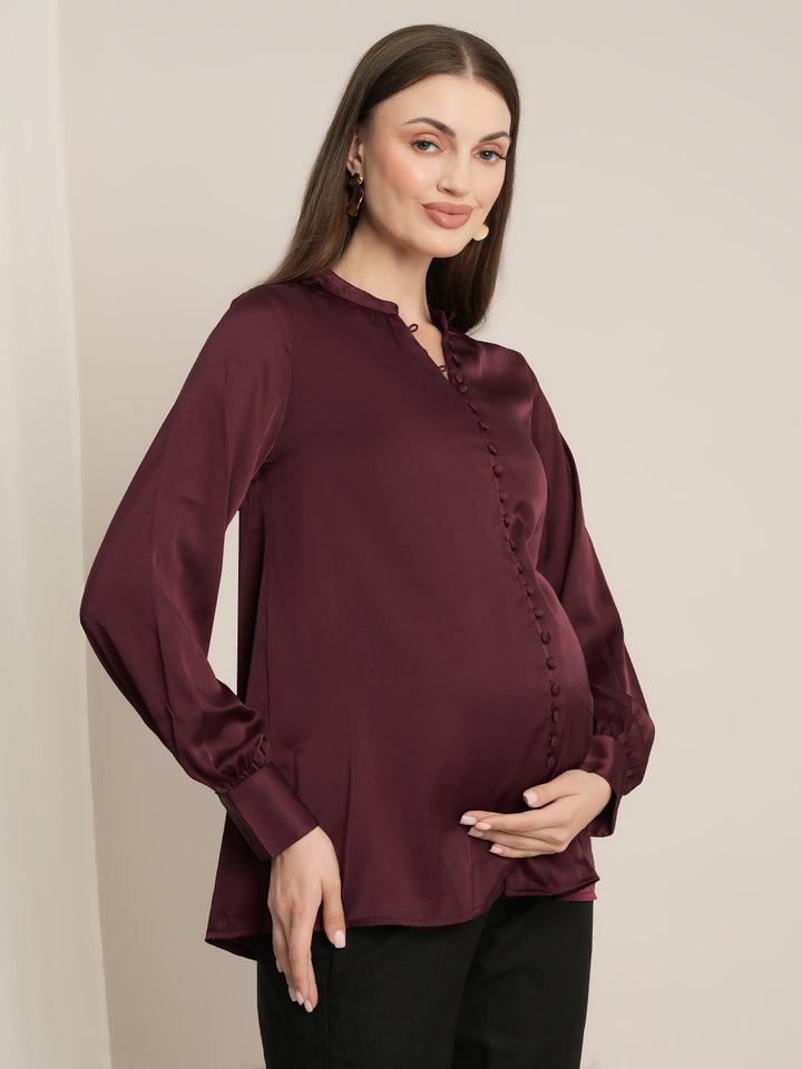 Maternity Satin Formal Shirt - Maroon