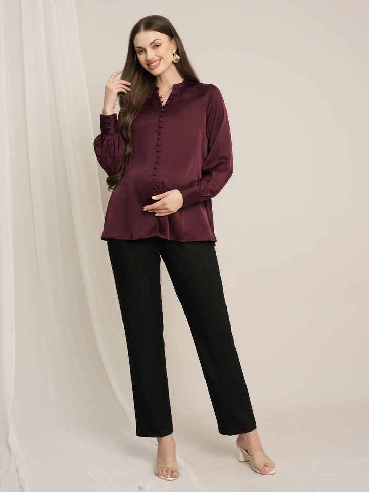 Maternity Satin Formal Shirt - Maroon