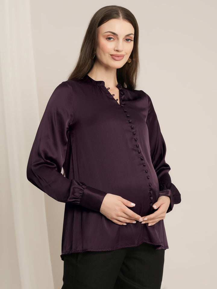 Maternity Satin Formal Shirt - Wine