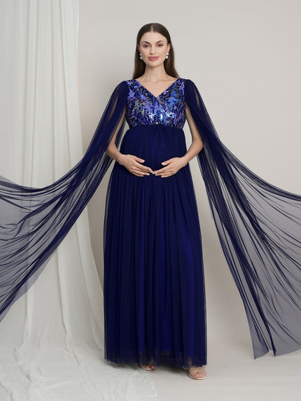Navy Blue Maternity Sequin Tulle Gown with Cape Sleeves