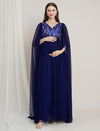 Navy Blue Maternity Sequin Tulle Gown with Cape Sleeves