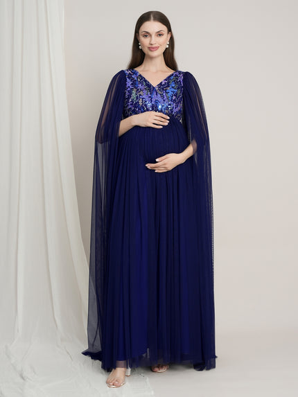Navy Blue Maternity Sequin Tulle Gown with Cape Sleeves
