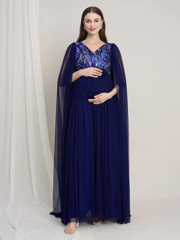Navy Blue Maternity Sequin Tulle Gown with Cape Sleeves