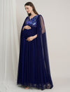 Navy Blue Maternity Sequin Tulle Gown with Cape Sleeves