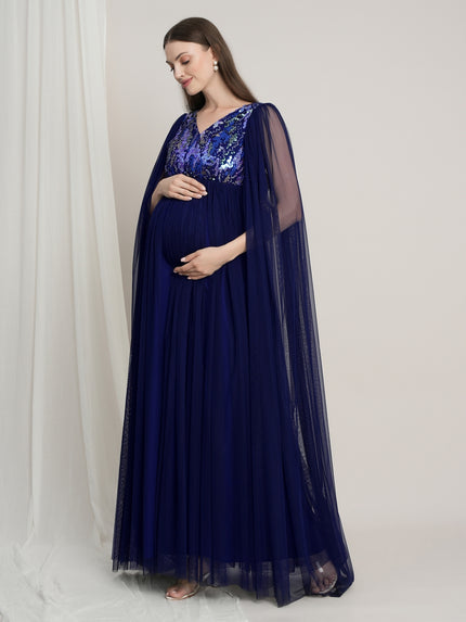 Navy Blue Maternity Sequin Tulle Gown with Cape Sleeves
