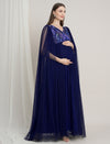 Navy Blue Maternity Sequin Tulle Gown with Cape Sleeves