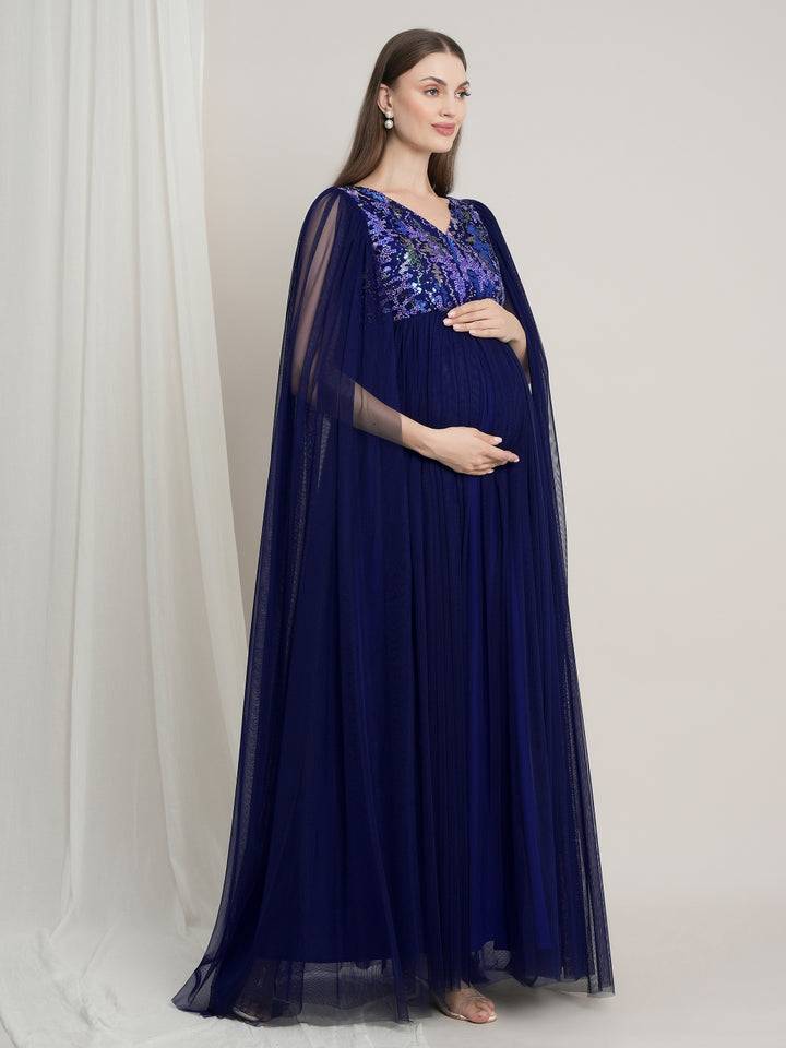 Navy Blue Maternity Sequin Tulle Gown with Cape Sleeves