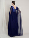Navy Blue Maternity Sequin Tulle Gown with Cape Sleeves