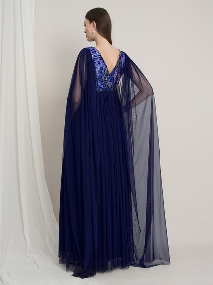 Navy Blue Maternity Sequin Tulle Gown with Cape Sleeves