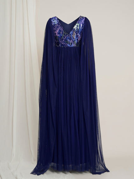 Navy Blue Maternity Sequin Tulle Gown with Cape Sleeves