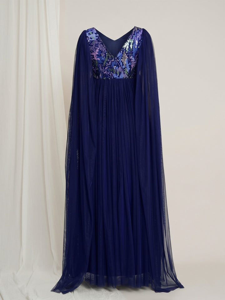 Navy Blue Maternity Sequin Tulle Gown with Cape Sleeves