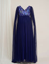 Navy Blue Maternity Sequin Tulle Gown with Cape Sleeves