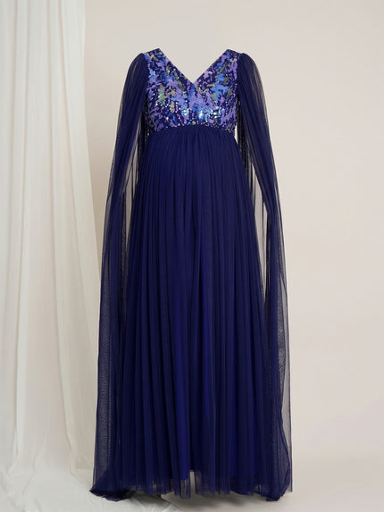 Navy Blue Maternity Sequin Tulle Gown with Cape Sleeves