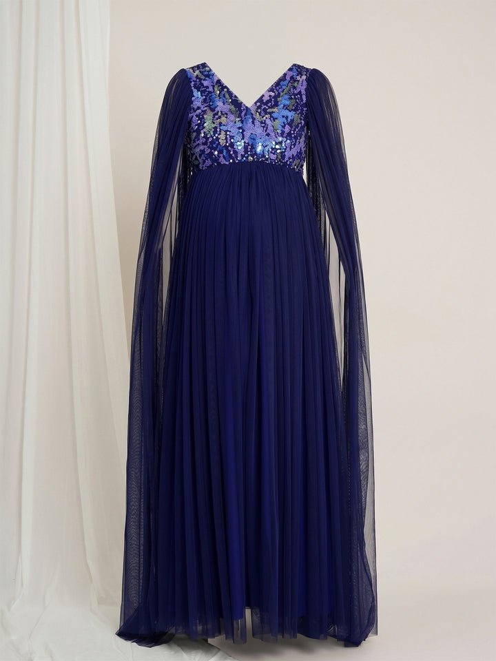 Navy Blue Maternity Sequin Tulle Gown with Cape Sleeves