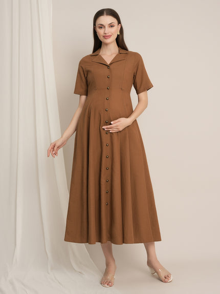 Maternity Linen Shirt Dress - Brown