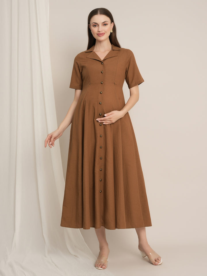 Maternity Linen Shirt Dress - Brown