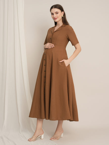 Maternity Linen Shirt Dress - Brown