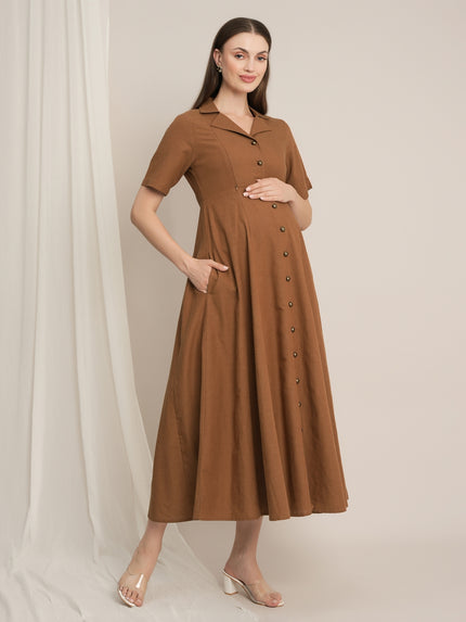 Maternity Linen Shirt Dress - Brown