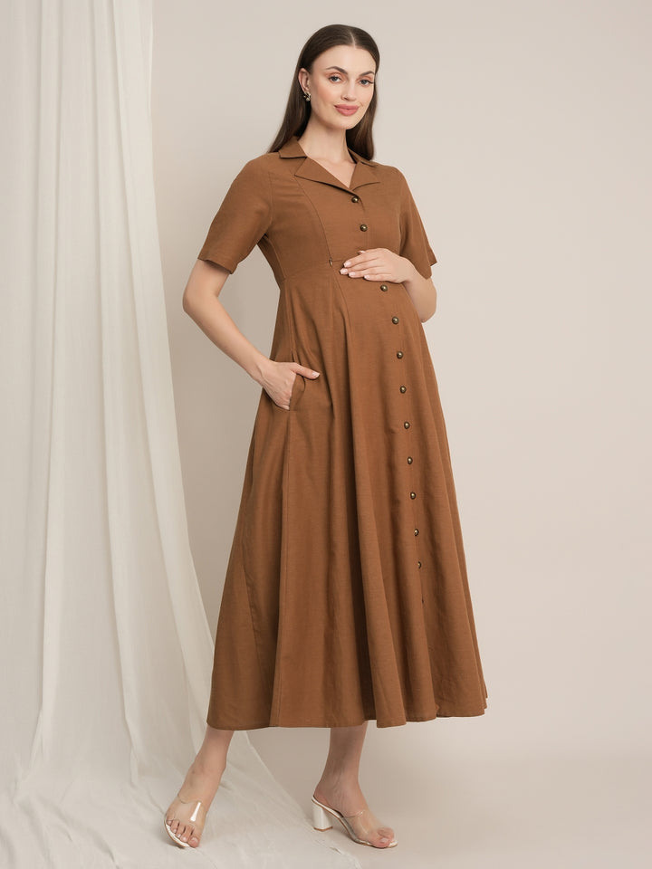 Maternity Linen Shirt Dress - Brown