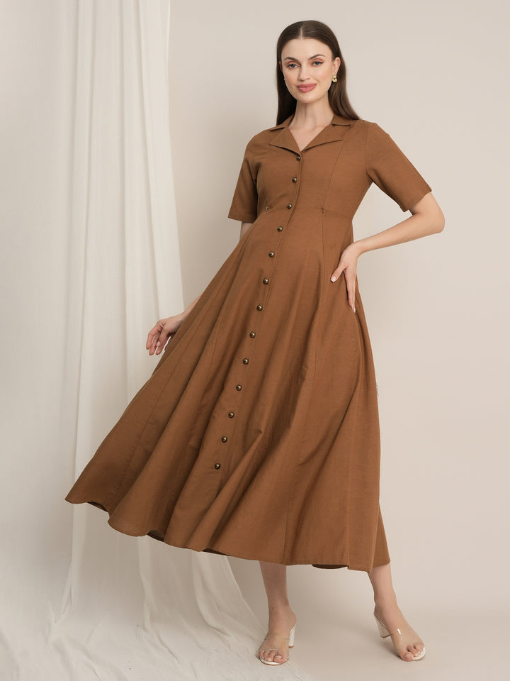 Maternity Linen Shirt Dress - Brown