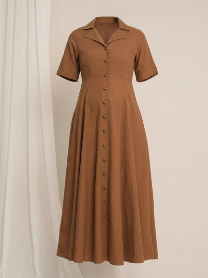 Maternity Linen Shirt Dress - Brown