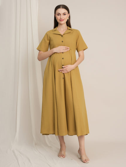 Maternity Linen Shirt Dress - Mustard