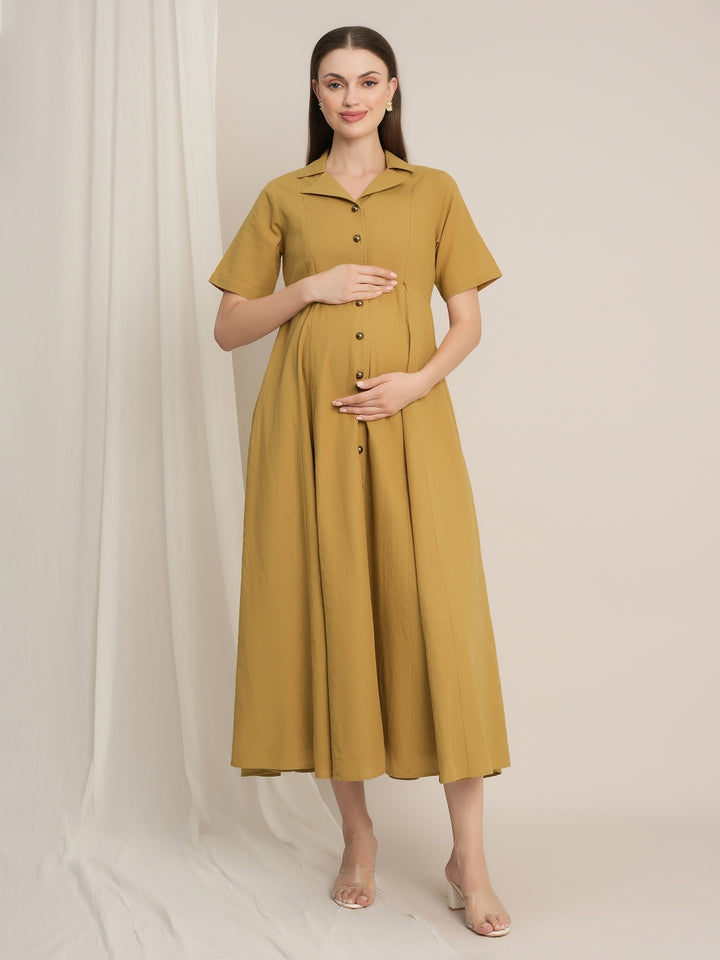 Maternity Linen Shirt Dress - Mustard