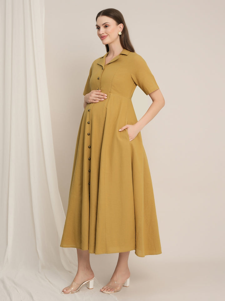 Maternity Linen Shirt Dress - Mustard
