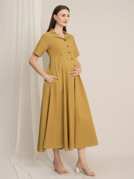Maternity Linen Shirt Dress - Mustard