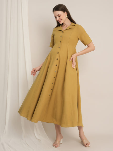 Maternity Linen Shirt Dress - Mustard