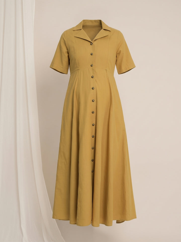 Maternity Linen Shirt Dress - Mustard