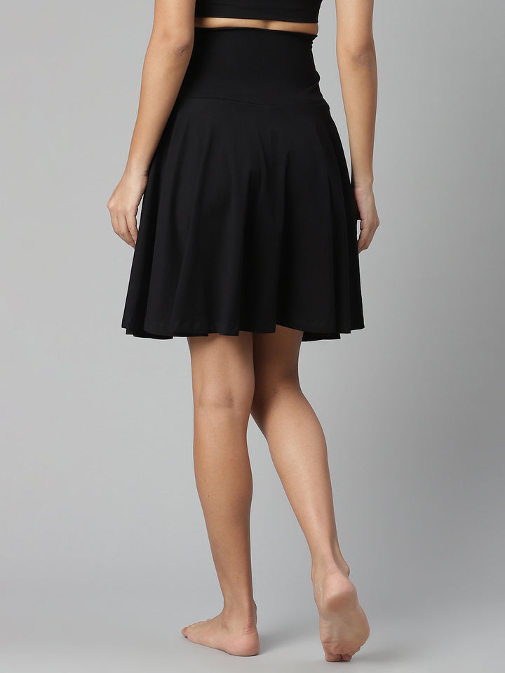 Maternity Knee-length Flared Skorts with Adjustable Drawstring - Black