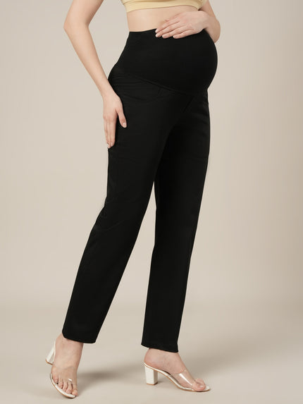 Stretchy Cotton Straight Fit Formal Maternity Trousers-Black