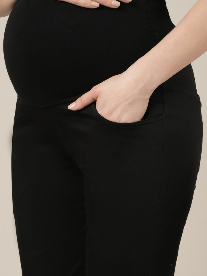 Stretchy Cotton Straight Fit Formal Maternity Trousers-Black