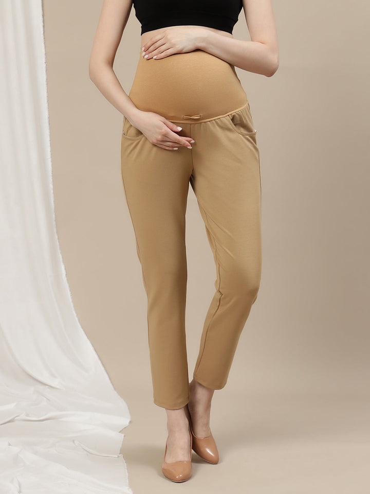Ultra-Stretch Straight Leg Maternity Pants- Beige