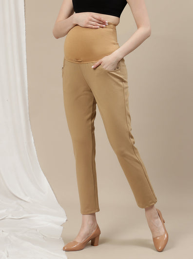 Ultra-Stretch Straight Leg Maternity Pants- Beige