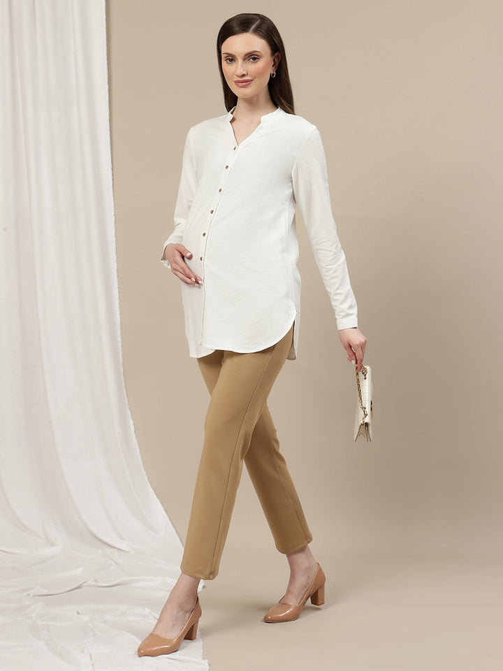 Ultra-Stretch Straight Leg Maternity Pants- Beige