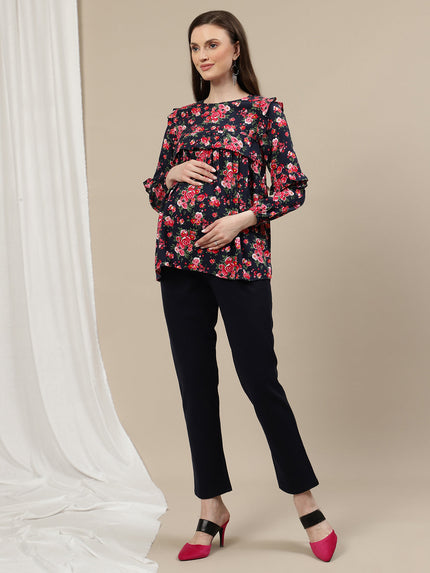 Ultra-Stretch Straight Leg Maternity Pants- Blue