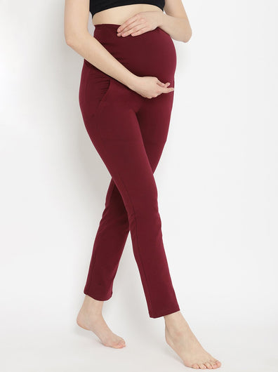 Maternity French Terry Ankle Pants- Wine Berry