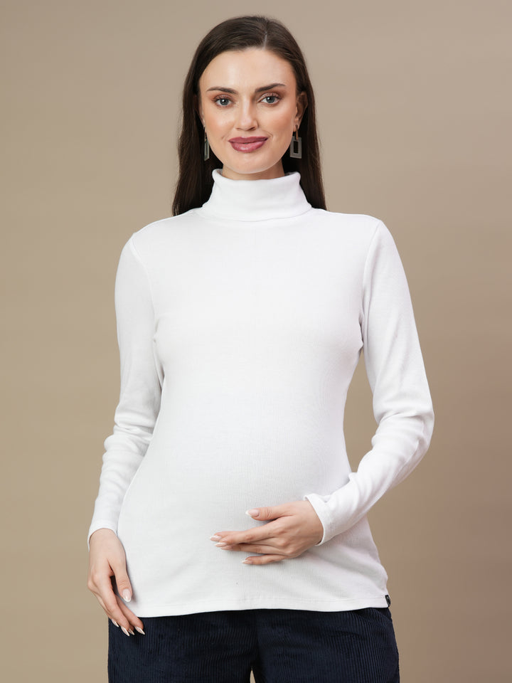 Maternity Rib-knit High Neck Top- White
