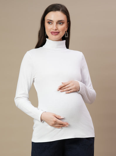 Maternity Rib-knit High Neck Top- White