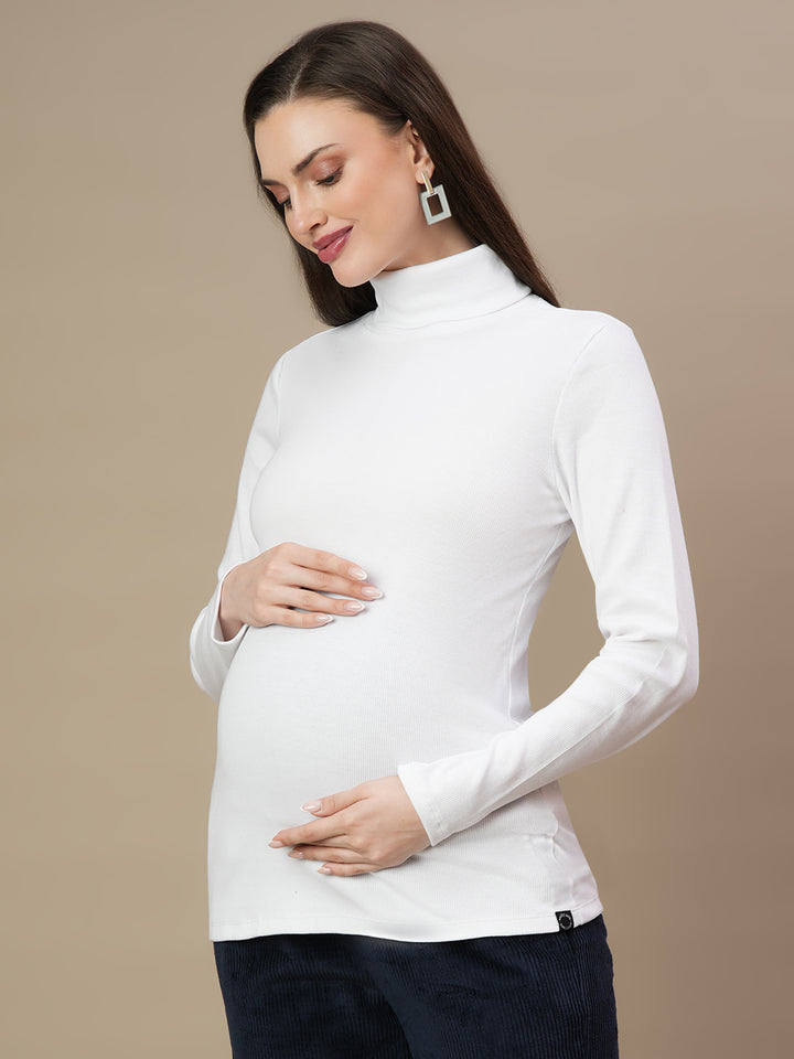 Maternity Rib-knit High Neck Top- White