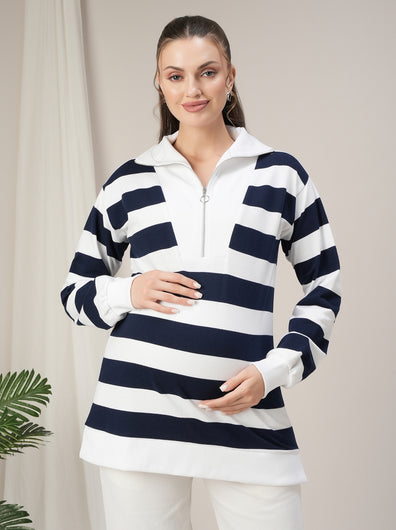 Winter Maternity Blue/ White Striped Sweatshirt