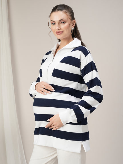 Winter Maternity Blue/ White Striped Sweatshirt