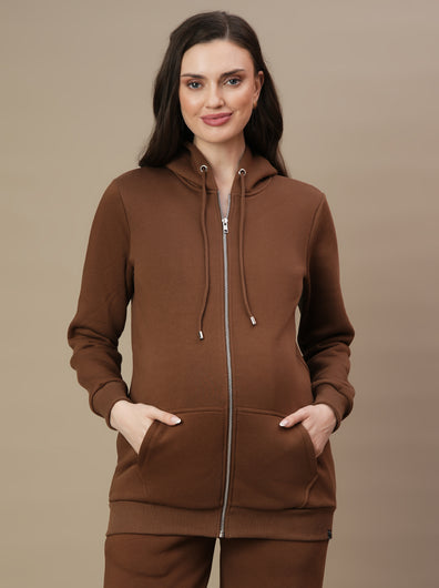 Maternity Zipper Fleece Sweatshirt- Brown